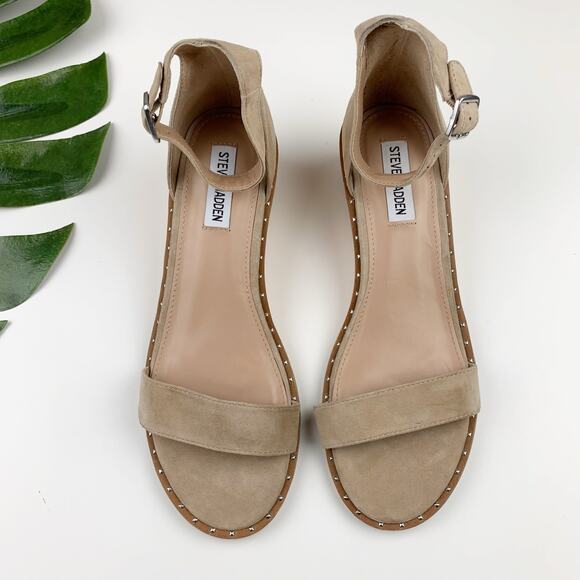 Steve Madden Kenmar Wood Wedge Sandals Ankle Strap Tan Faux Suede Women's 9.5 - Picture 2 of 12